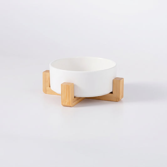 Comedero de cerámica con base de madera