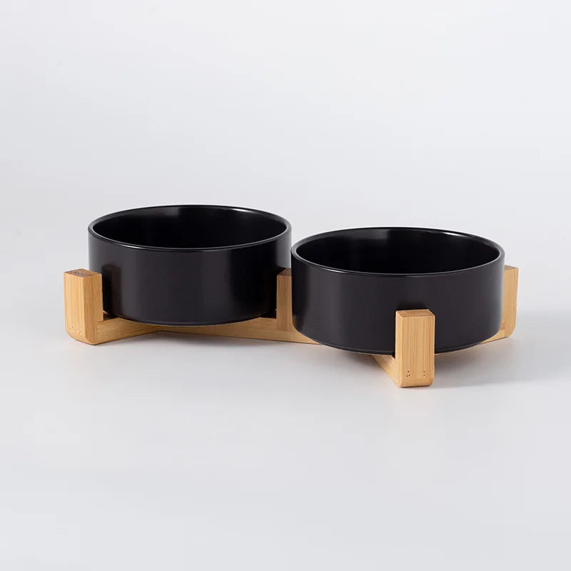Comedero de cerámica con base de madera